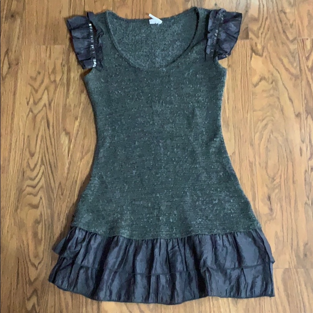 Blue bird - gray with ruffle trim sweater dress